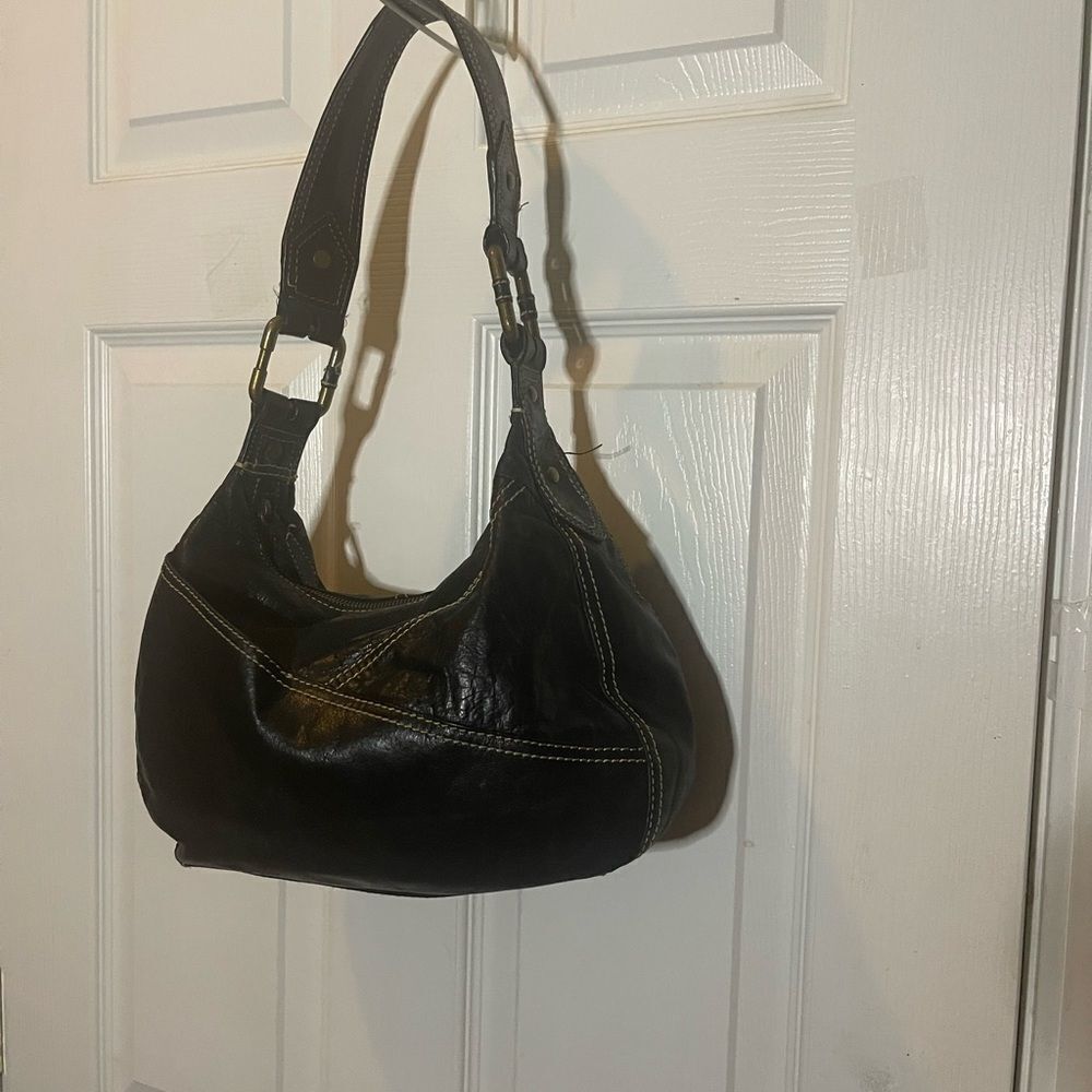 Wilson leather Black Leather Hobo Bag stitching accents & antique tone hardwares